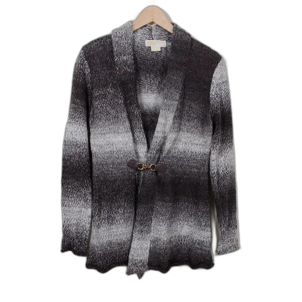 Michael Kors Wool Alpaca Cardigan Striped Open Front Sweater Women PM Gray Black